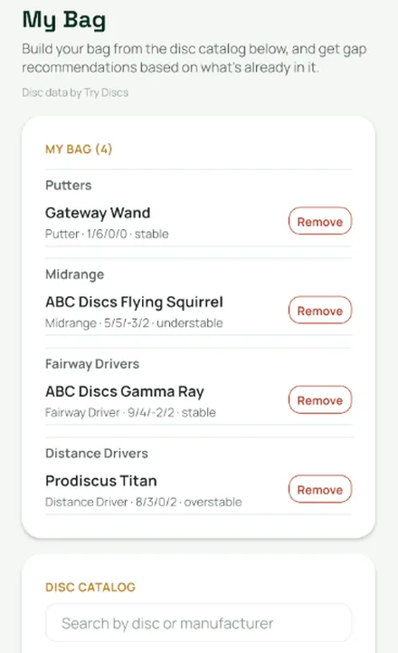 The My Bag screen listing a putter, midrange, fairway driver and distance driver