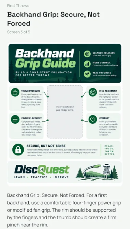 A DiscQuest lesson screen showing the Backhand Grip guide