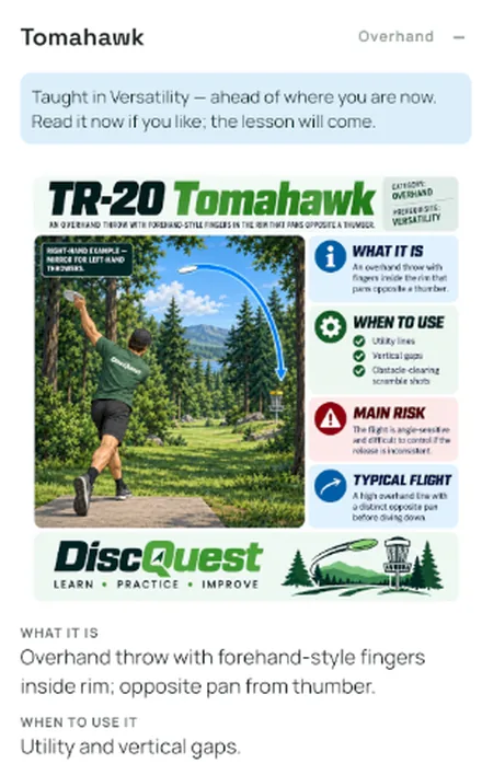 A throw reference card in the app for the Tomahawk overhand throw