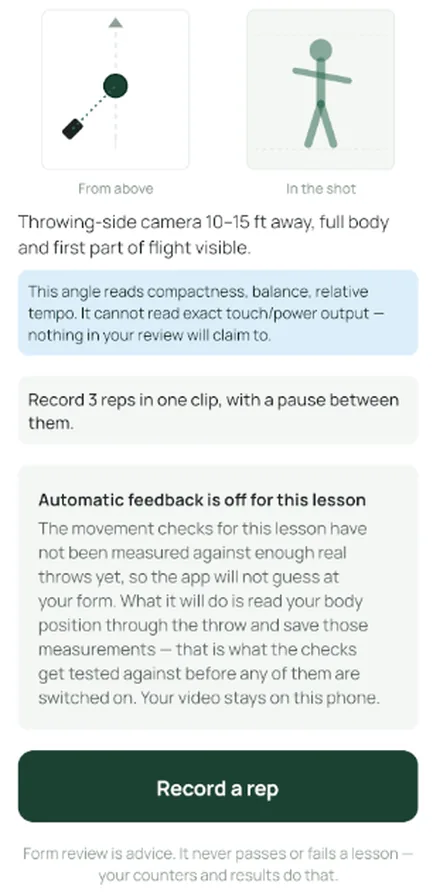The in-app camera guide for recording a throw for form review